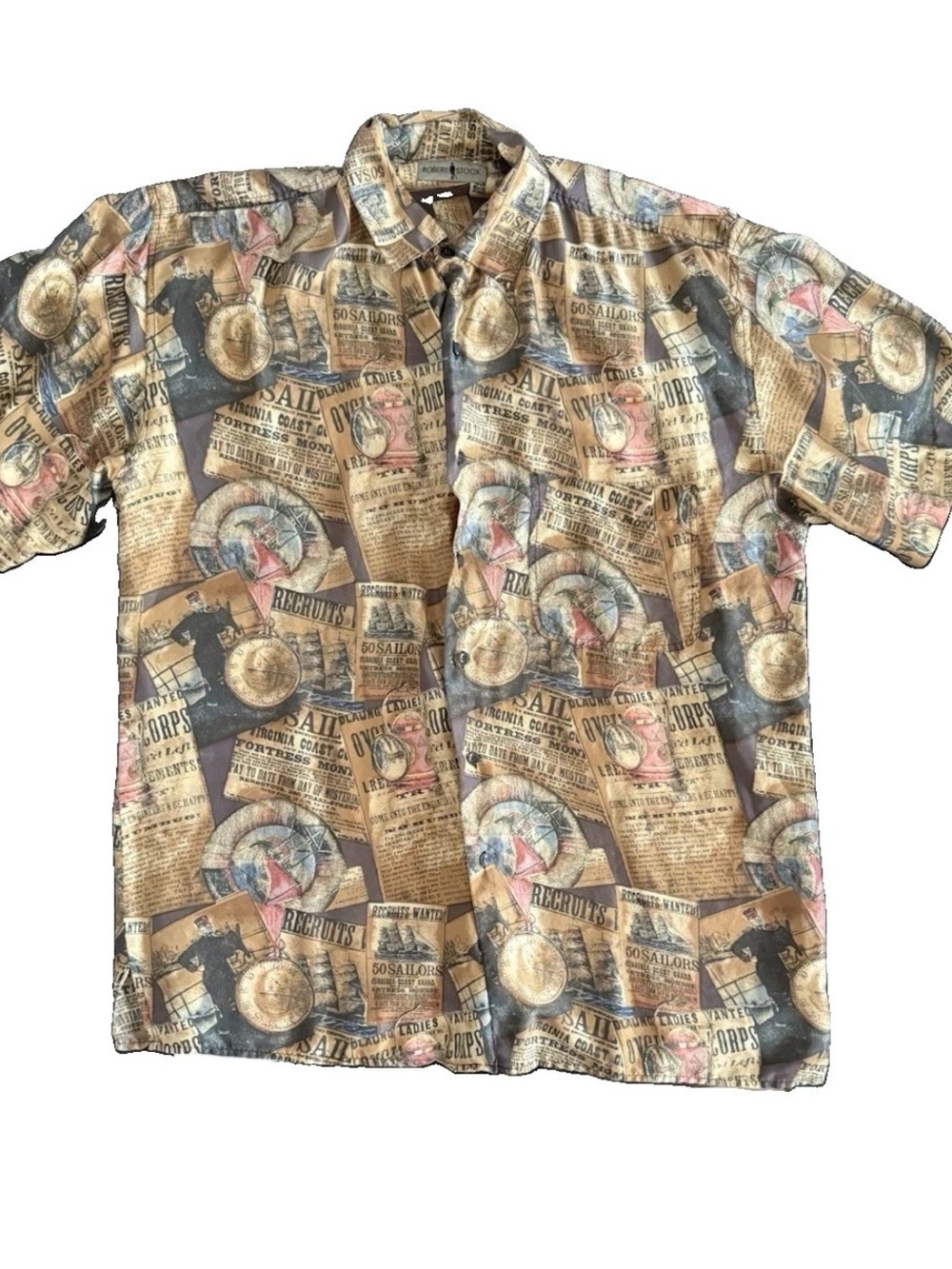 Robert Graham 100% silk Beige Brown Multi-Print Short Sleeve Button-Down Shirt
